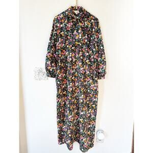 Vintage 70s Atkins Black Floral House coat Dress Muumuu Maxi Dress Pockets M